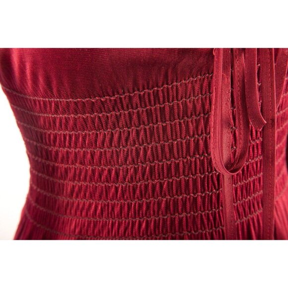 Vintage 1970's Burgundy Zainit London Maxi Dress Plunging Neckline Smocked Waist - Picture 2 of 9